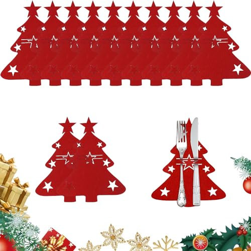 Amebleak 12 Pcs Porta Cubiertos Navideños Bolsas, Bolsita para Cubiertos de Navidad, Bolsas para Cubiertos de Navidad en Forma de árbol de Navidad, para Cubiertos de Navidad para Decorar Mesa (rojo)
