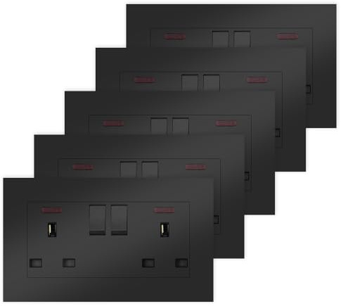 FIENZA 5 Pack Double Sockets with Switches and IED Indicator, 2 Gang Wall Outlets with Switch 13Amp Black