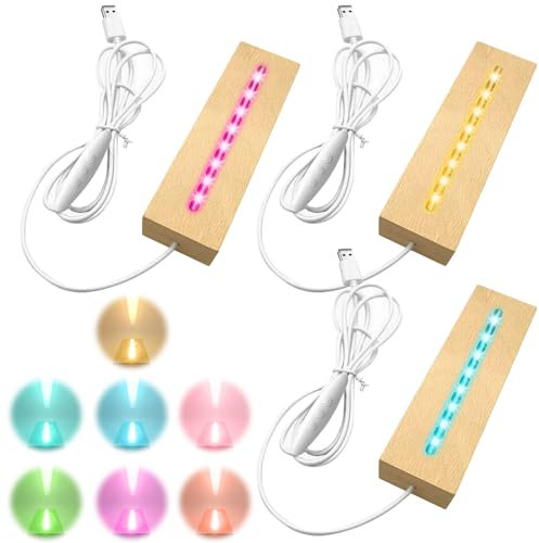 Leikurvo LED Sockel Holz, 3 Stück LED Lichter Display Basis, LED Lichtsockel USB Rechteckiger Beleuchteter Holzsockel, Holzlicht Display Ständer für Acrylplatten, Glasplatte, Kristallkunst, Ornament