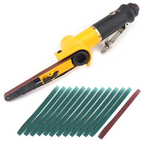 NuoDunco 1/4 Pneumatic Belt Sander Set with 14 Belts Including 60/80/120 Grit, 1/4 Mini Air Belt Sander for Aluminum, Iron, Steel and Polishing