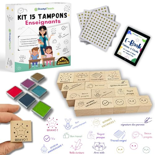 Kit Tampons Enseignants Complet – 15 Tampons Maitresse d’École en Bois de Hêtre, 6 Encreurs Séchage Rapide, 300 Stickers, Ebook – Tampon Motivation, Cadeau Institutrice, Professeur des Écoles