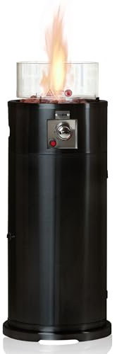 REALGLOW Black Column Gas Patio Heater Fire Pit - 10KW Outdoor Heater with Wind Guard - With Lava Rocks, Gas Hose, 27mm Clip-On Regulator, Waterproof Cover - Fits 10, 11 & 13Kg Cylinders