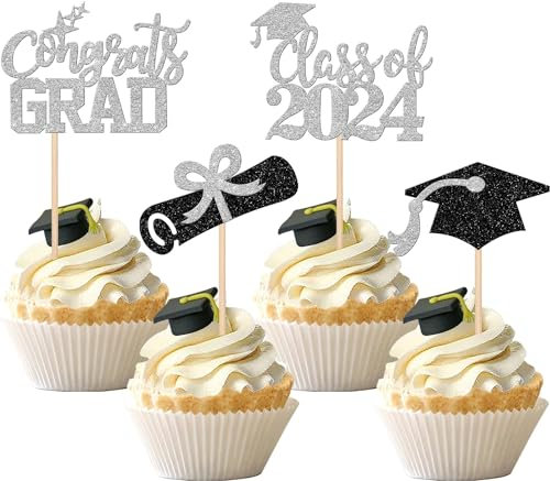 24 Stück Class of 2024 Tortendeko Abschluss Cupcake Toppers Glitzer Diplom Grad Cap Kuchen Deko Absolvent Kuchen Dekoration for 2024 Schule Abschluss Thema Party Torten Dekorationen Schwarz Silber