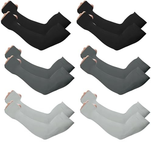 Outivity Manchons de bras pour homme et femme - Protection UV UPF 50 - Protection solaire rafraîchissante avec trou pour le pouce, 6 paires – Noir, gris foncé et gris clair, 6 pairs