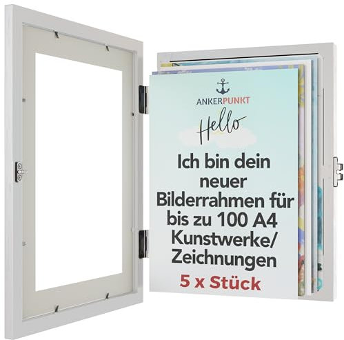 ANKERPUNKT Bilderrahmen Kinderzeichnungen A4 weiß für bis zu 100 gemalte Bilder Zeichnungen - Kinder Kunstrahmen Frontöffnung Wechselrahmen aus Holz - Geschenke für Mama, Papa, Oma, Opa 5er Set