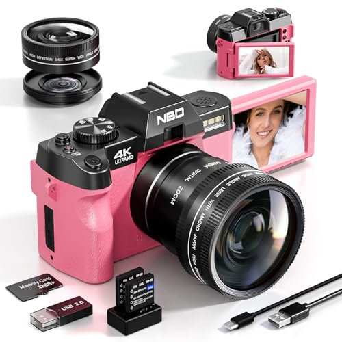 NBD 4K Digital Photography Camera - 48MP/120FPS Video, Wi-Fi & App Control, 16X Zoom, Macro & Wide-Angle Lenses, Autofocus, Webcam Function, Includes 16 Accessories, 32GB SD Card & 2 Batteries(Pink)
