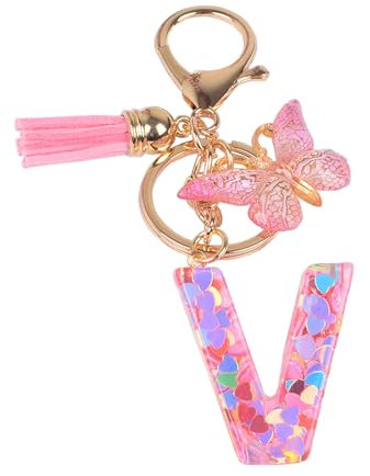YPYMOD Lnitialen Schlüsselanhänger Quaste Schmetterling Pailletten Liebe Brief Schlüsselanhänger,Rosa(V)