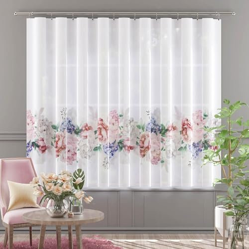 Gardinen Vorhangen Weiß 300x155 cm (BxH) Portelli Premium Stores mit Kräuselband Bleiband Küchengardinen Gardinen Kurz Bunte Blumen Muster Vorhänge Fertiggardine Kurzstores