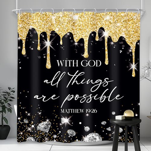 Newsely Rideau de douche noir et doré avec citations en diamants - 152,4 x 183 cm (sans paillettes) - Moderne - Noir et blanc - Verset de la Bible - Écriture chrétienne de luxe - Ensemble de salle de