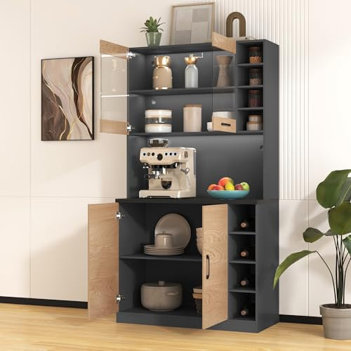 Zepneiy Küchenoberschrank aus Holz mit LED-Leuchten und Kabeldurchführung, höhenverstellbare Seitenfächer, natürlich, 100 x 47 x 187 cm