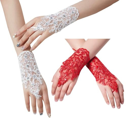 SLEEKEE 2 Stück Brauthandschuhe, Spitzenhandschuhe, Lange Fingerlose Handschuhe, Elee Handschuhe, Bekleidungszubehör (Weiß, Rot)