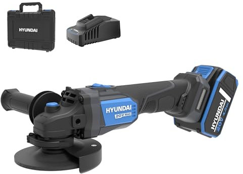 HYUNDAI Akku-Winkelschleifer AG20X-125-4A1 | 20V, bürstenloser Motor | 125mm, M14, 8500/min | Trennschleifer mit Zusatzgriff, Schutzhaube | Lieferumfang: 1 x 4.0Ah Akku, Ladegerät, Koffer
