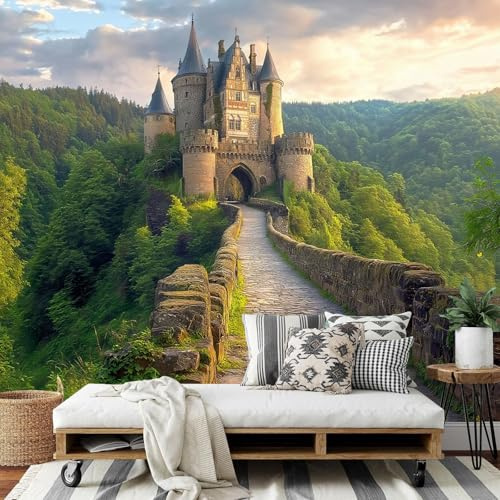 Fototapete ‎150x105cm (B×H), Vintage Architektur Wanddeko Foto Tapete Schlafzimmer Wohnzimmer Seidentuch tapete, Steinbrücke Burg Motivtapeten Bildtapete 3D Effekt Wand Dekoration