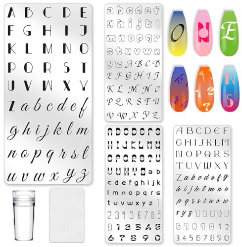 INFUNLY 4 Stück Buchstaben Nagelkunst Schablonen Personalisierte Alphabet Nagel Stempelplatte DIY Zahlendruck Nagelschablone Nägel Maniküre Stempelset Bildstempelvorlage Nagelkunst Design Für Frauen