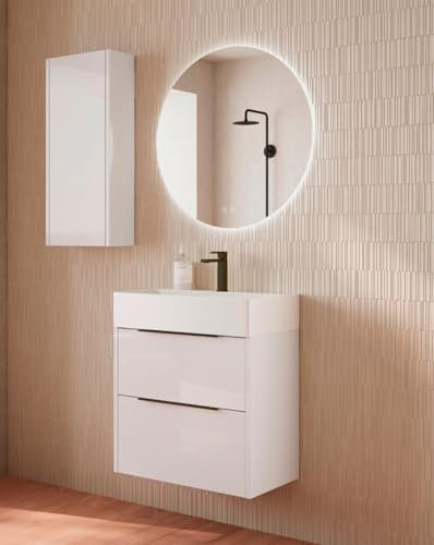 Mueble Baño Suspendido a Pared Fondo Reducido | 2 Cajones con Lavabo Cerámico | Blanco Brillo Tirador Negro | 60cm