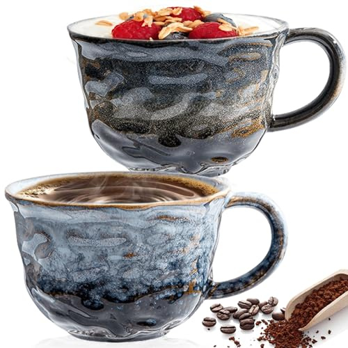GOMETY Ensemble de 2 tasses à cappuccino en céramique de 260 ml, tasses à café en porcelaine faites à la main avec anses, cadeaux pour le bureau, la maison, un anniversaire, Noël ou la fête des Mères