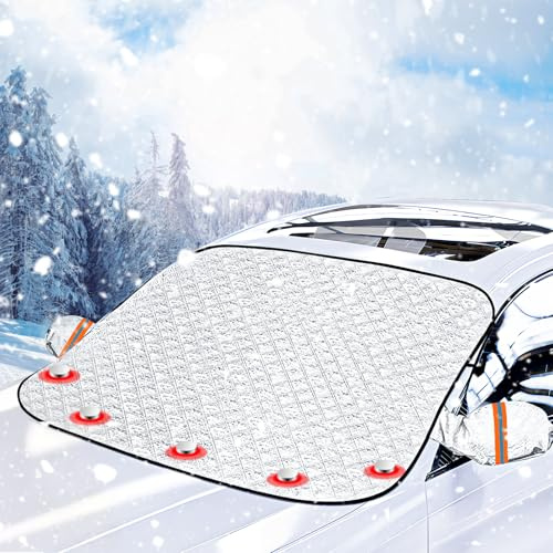 Frontscheibenabdeckung Auto Winter – Magnetisch mit 5 Magneten, Schneeschutz Frostschutz gegen Eis & Schnee, Wasserdicht & Reflektierend, Windschutzscheibe Abdeckung 160x116cm, Faltbar, Universalgröße