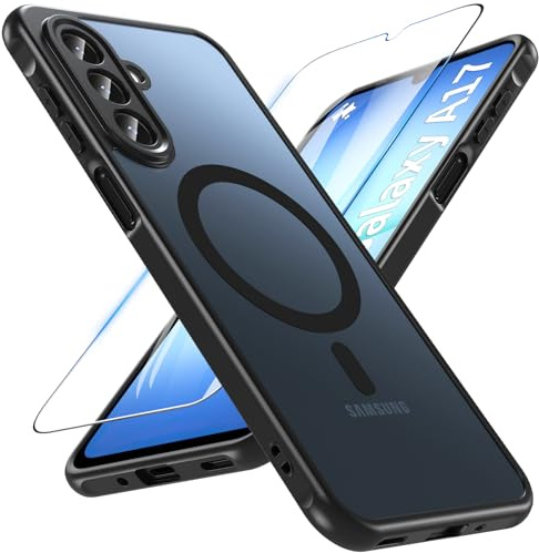 Hensinple For Samsung Galaxy A17 Magnetic Case with Screen Protector,[Compatible with MagSafe] Slim Translucent Matte Shockproof with Anti-Fingerprint Phone Case Cover For Samsung A17 (Black)