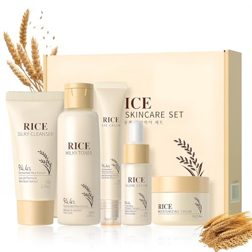 5 Stück Reis Gesichtspflege Skincare Set,Korean Skincare Set für Damen,mit Reiniger,Rice Toner,Face Cream,Serum,Augenserum,Feuchtigkeitsspendendes & Anti Aging Geschenkset für Frauen