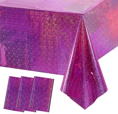 3 Stück Glitzer Tischdecke Magenta, Rechteckige Wasserdicht Glitzer Tischtuch, 137x274cm Laser Folie Plastik Tischdecken für Party Geburtstag Hochzeit Dekoration Metallische Rosenrot