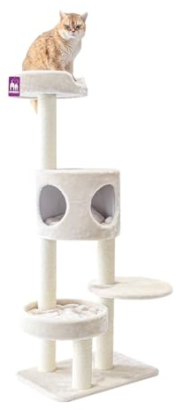 Petrebels Kratzbaum Residence 142 cm hoch, mit Schlafhöhle, Für kleine und mittelgroße Katzen, Farbe Beige/Creme