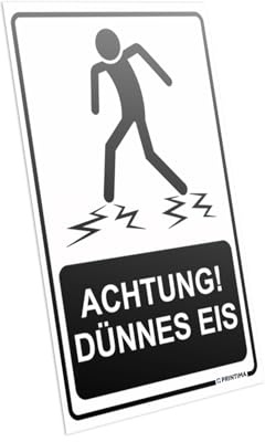 PRINTIMA Warnschild ACHTUNG DÜNNES EIS 21x32 cm Sicherheits Hinweisschild zugefrorene Gewässer robust wetterfest inkl Montagedübel langlebig sichtbar Außenbereich