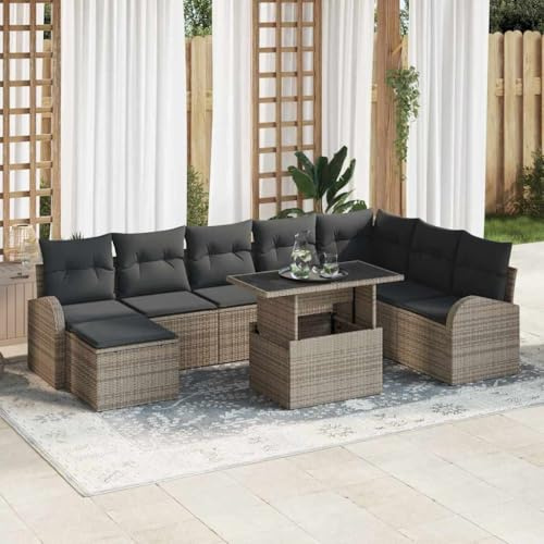 QJBSAVVA 9-TLG. Polyrattan Lounge Set mit Stauraum, höhenverstellbarer Tisch, 437,55 kg, grau, für Garten, Terrasse, Balkon, Camping