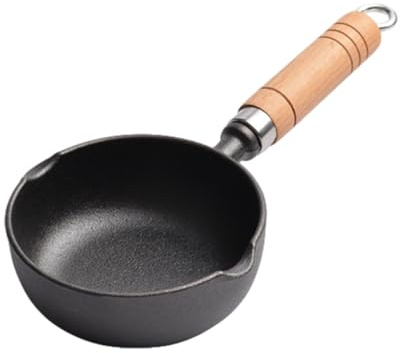 Cookie Pan Cast Iron - Mini Frying Pan with Wooden Handle | Non-Stick Deep Egg Pan | Sizes 11cm/13cm/15cm, Compatible Oven Cooker Grill, Pouring Oil Spout, Gain Place Baking Dish, Black