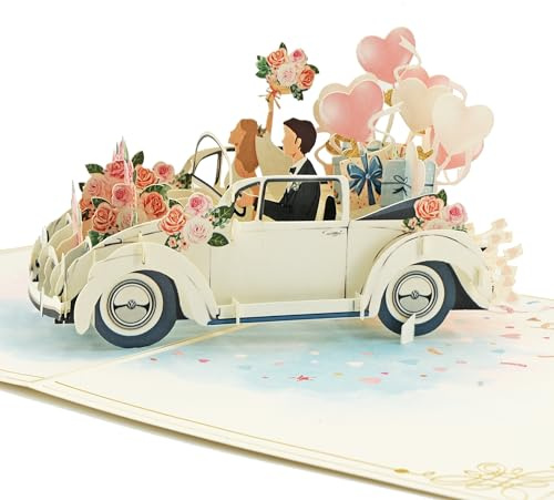 Pop-Up Hochzeitskarte 3D – Brautpaar im Käfer Cabrio mit Blumenschmuck – Handgefertigte Glückwunschkarte mit Umschlag & Einleger – Geldgeschenk/Gutschein Hochzeit TK089