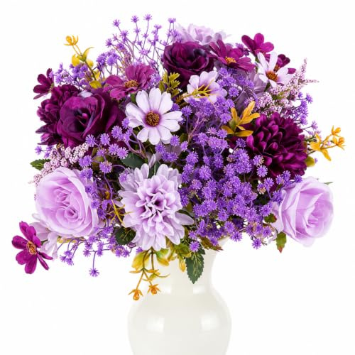 GJFWQC 22 Pcs Purple Rose and Baby Breath Bouquet Wedding Decor | 2 rose bundles with 20 baby breath flowers, faux floral bouquet for home decoration, wedding setup and table arrangements