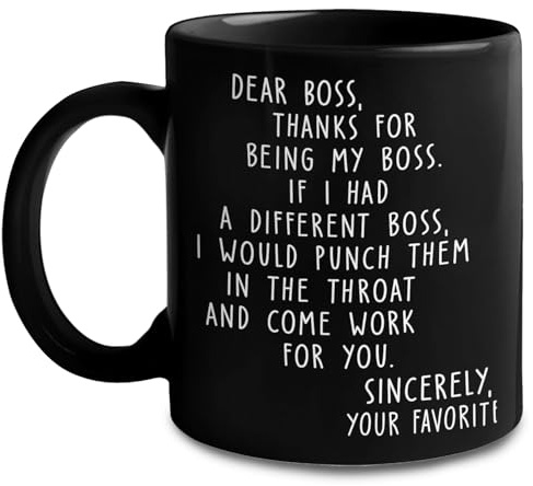 Dear Boss Coffee Mug, Worlds Best Boss Mug, Unique Office Prank Gag, Funny Unique Idea Cup, Ceramic Coffee Mug, Big Mug for Women, Men, Great for Tea Hot Chocolate, Microwave Safe, Modern(Black)