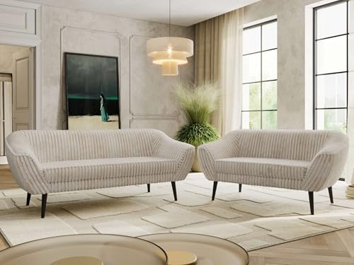 MKS MEBLE Sofagarnitur PIRS 3 + 2 - Couchgarnitur im skandinavischen Design, Gesteppte Polsterung, Wellenfederung, Wohnzimmer Sofa Set - Schwarze Beine, Beige Cord