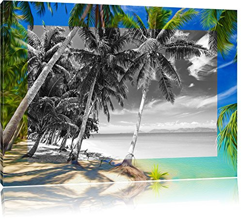 Pixxprint wunderschöner Strand mit Palmen B&W, Größe: 60x40cm, Leinwandbild, fertig gespannt, Wandbild, Dekoration, Kunstdruck, kein Poster
