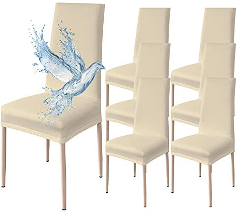 Poligino Stuhlhussen 6er Set Wasserdicht Stretch Universale Weich und Bequem, Stuhlbezug für Haus, Küche, Hochzeit, Restaurant, Party, Hotel, Zeremonie, Bankett - Beige