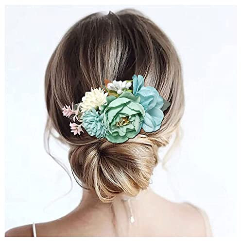 Hochzeitsblumenkamm Brautschmuck Kunstblumen-Haarkamm Vintage-Stil Frost Kopfschmuck Haarteil Zubehör für Frauen Mädchen Bräute Brautjungfern (Blau B)