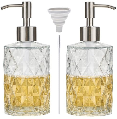 2 Pack Glass Soap Dispenser 12 Oz with 304 Stainless Steel Pump,Refillable Hand Soap Dispenser for Bathroom Kitchen Countertop