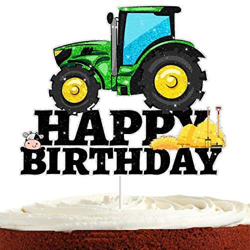 Tractor Cake Topper for Boys Girls Farm Happy Birthday Theme Party Supplies Cowboy Cow Cake Decor Glitter Green Birthday Tractor Cake Decorations