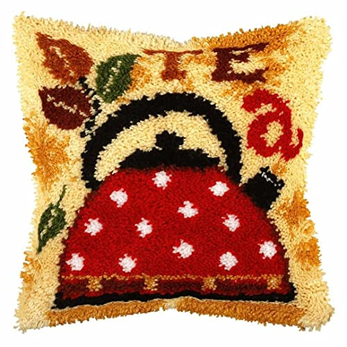 Myriad Choices Latch Hook Cushion Kits Teapot 43x43cm Latch Hook Pillow Case Kits Embroidery Kits, DIY Needlework Pillow Cover Sofa Cushion Rug Making Kits for Adults Kids, DIY Craft Kits Home Decor