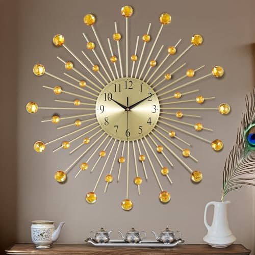Lafocuse Gold Wanduhr Groß Metall, Kreative Design mit Strasssteine, Lautlos Wanduhr Modern, Ohne Ticken Art Deko für Wohnzimmer Schlafzimmer Küche 56cm
