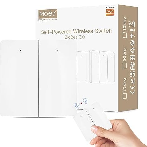 MOES smart ZigBee interruptor de escena inalámbrico autoalimentado, sin batería sin cableado, 100,000 veces la vida, necesita MOESZigBee hub, 2 botones