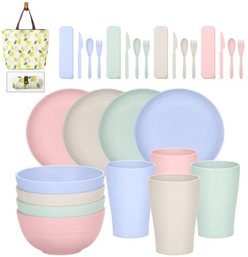 LARCISO 28Pcs Reusable Plastic Bowls and Plates Set, Unbreakable Cutlery Set, Lightweight for Dinner Camping Picnic, with Cups, Knives, Spoon and Forks
