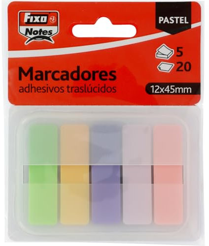 Fixo Notes, Marcadores Adhesivos Trasparentes, 5 Colores Pastel con Dispensador, 12x24mm, Bloques de 20 Hojas, Plástico Traslucido, Reposicionable, Resistente al Agua, Permite Escritura