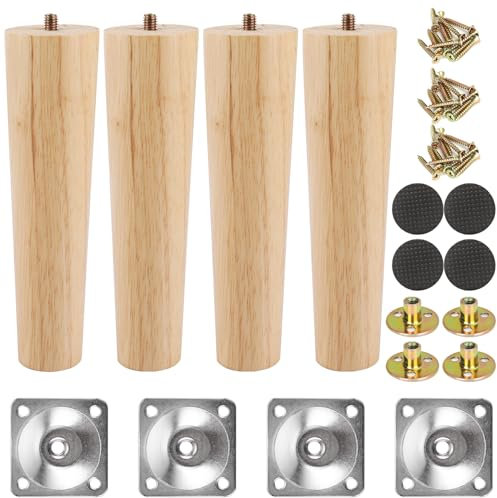 CYEER Lot de 4 pieds de meubles en bois de 18 cm, pieds de table basse droits en bois massif avec plaque de montage filetée, vis antidérapantes pour canapé, fauteuil, armoire, table