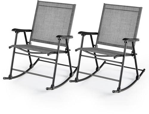 GOPLUS Schaukelstuhl Outdoor, 2er Set Gartenstuhl klappbar mit hoher Rückenlehne, Armlehnen & Fußstütze, Balkonstuhl aus Metall bis zu 150kg, Klappstuhl Terassenstuhl für Garten, Veranda & Pool