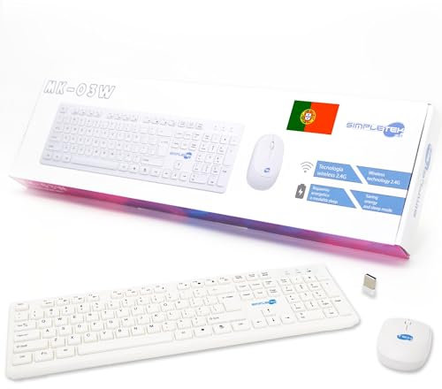 SIMPLETEK - Kit souris et clavier sans fil 2,4 G PT Portugais | Portuguese Keyboard QWERTY avec pavé numérique souris ergonomique 3 touches récepteur USB