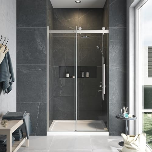 OVE Decors Bel 48-in W x 81-in H Frameless Sliding Shower Door Alcove Shower Kit, Shower Base Included in Satin Nickel