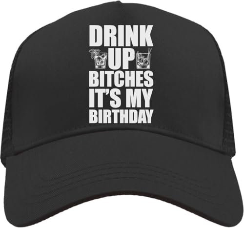 Functon+ Drink Up Bit*hes It's My Birthday Trucker-Kappe mit Netzrücken, verstellbar, Snapback-Hut, lässig, Schwarz, Schwarz , Einheitsgröße
