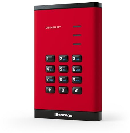 iStorage diskAshur3 HDD 500 GB Rojo – Disco duro portátil seguro – Protegido por contraseña – Resistente al polvo y al agua – Cifrado por hardware