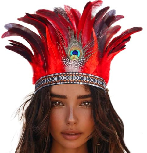 Fashband Pfauenfeder-Haarreif mit Pfauenfedern, Zierkranz, Hippie-Stil, Tribal, Festival, Damenkostüm (Rot, Einheitsgröße)
