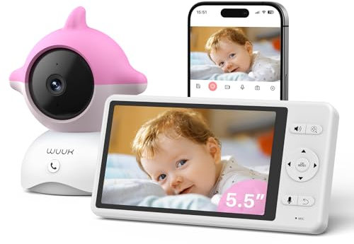 WUUK 4MP Babyphone mit Kamera, 5,5 Zoll Display & 360° Kamera, AI Face/Rollover-Erkennung, Nachtsicht, 3700mAh Akku, Temperatur und Feuchtigkeitsmessung, Ton/Bewegungsalarm, 2,4/5 GHz Dual-Band WiFi